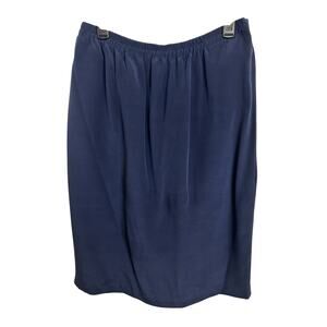 Vtg 90s 100% Silk Navy Blue Pull On Knee Length Skirt Size 12 Office Minimalist